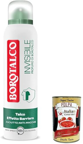 6x Borotalco Invisible grünes unsichtbares Deo-Spray, alkoholfreie Formel mit Talk-Barriere-Effekt, 48h Talkumpuder, Parfüm, 150 ml + Italian Gourmet Polpa 400g