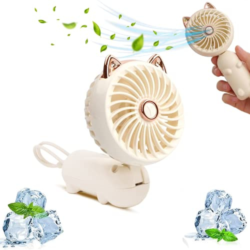 ELVYNIA Portable Hand Held Fan with Cat Ears – Mini Fan with USB Rechargeable Battery | Foldable Small Fan with 3 Speeds Levels & Wrist Band for Home Office | Cute Foldable Travel Handheld Fan (White)