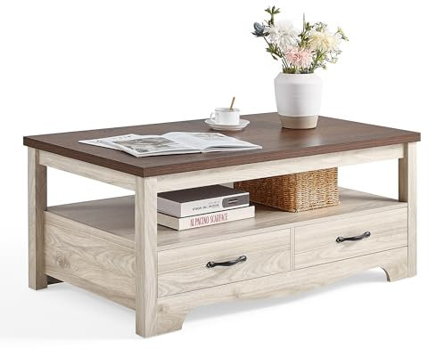 LINSY HOME Farmhouse Couchtisch mit Stauraum, Couchtisch aus Holz für Wohnzimmer, offener Ausstellungsbereich und Aufbewahrungsschubladen mit Metallgriffen, schicker Stil mit gebogenem Fuß, Eiche und