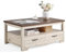 LINSY HOME Farmhouse Couchtisch mit Stauraum, Couchtisch aus Holz für Wohnzimmer, offener Ausstellungsbereich und Aufbewahrungsschubladen mit Metallgriffen, schicker Stil mit gebogenem Fuß, Eiche und