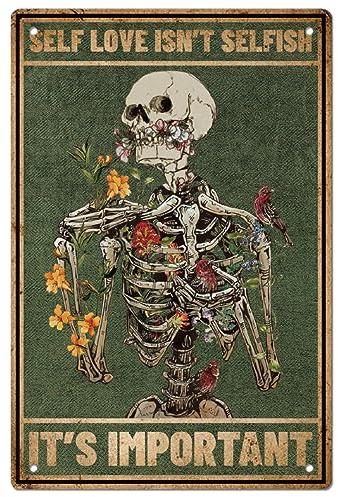 SUPERDANT Skelett Selbstliebe Metallblechschild Vintage Totenkopf Blumen Vögel Blechgemälde Retro Plakette Wandkunst Poster Altmodisches Aluminiumschild Zuhause Wanddekoration Halloween Dekoration