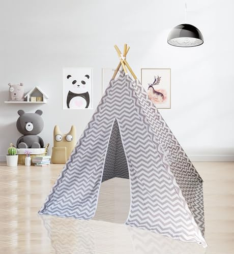 Tipi-Zelt für Kinder, Indoor-Outdoor-Spiel, zusammenklappbares Kinderspielzelt, weiße Tipi-Zelte, Segeltuch-Spielhaus für Mädchen und Jungen (Grey&White Striature)