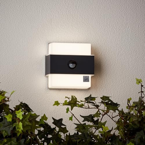 Lightbox moderne LED Außen Wandlampe - 15 x 15 x 7 cm - Outdoor Wandleuchte mit matter Kunststoff Abdeckung & Bewegungsmelder - 8 W, 940 lm, 4000 K- IP44 - aus Metall/Kunststoff - in Anthrazit