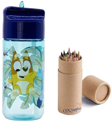 OM SUPPLIES Characters Childrens Tritan Reusable Drinking Bottle 430ml - Holiday, Back to School Lunch Kids BPA free Plastic (Blue)