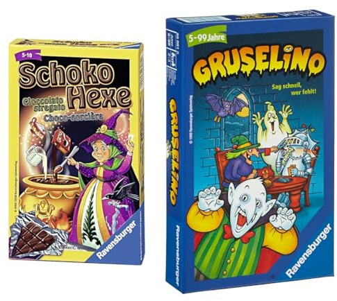 Ravensburger 23082 - Schoko Hexe, Mitbringspiel für 2-6 Spieler & 23081 - Gruselino, Mitbringspiel für 2-4 Spieler, Suchspiel ab 5 Jahren, kompaktes Format, Reisespiel