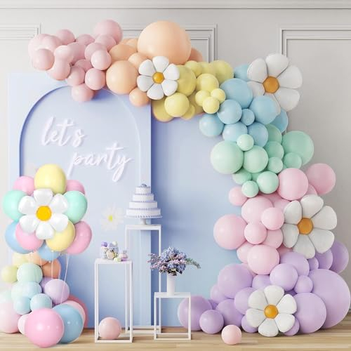 Luftballon Girlande Kit, 156 PCS Gänseblümchen Blume Pastell Ballons Girlande für Babyparty, Mädchen-Geburtstagsparty-Dekoration (Mit 100 Stück Ballonspender und eine Ballonkette)
