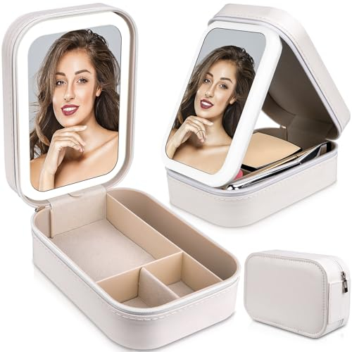 Pipihome Kosmetiktasche mit Spiegel, Schminktasche mit Spiegel und Licht, Cosmetics Schminkkoffer Make up Tasche mit 3 Farben LED Licht, USB Aufladbar, Tragbar Trennwänden Makeup Box
