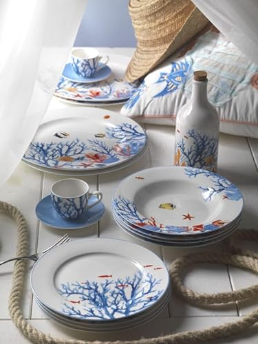 Servizio di piatti mare 18 pezzi Tema Marino Collezione Ocean in Porcellana d'autore Nàvel 6 Fondi Ø 21,5 cm, 6 Piani Ø 20,4 cm e 6 Piani Ø 26,5 cm con Elegante Scatola Litografata