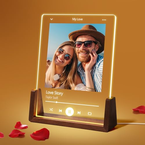 Spotify LED Acrylglas mit Foto Bilderrahmen Personalisiertes beleuchteter LED-Rahmen mit Holzständer, Song cover Acryl Glasbild mit Foto Geschenke zum Jahrestag, Geburtstag, Valentinstag
