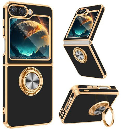 Fingic for Samsung Galaxy Z Flip 6 Case[with 360° Rotatable Ring Holder][Support Magnetic Car Mount]Shiny Plating Gold Slim Thin Soft TPU Shockproof Case for Samsung Z Flip 6 for Women Men,6.7”,Black