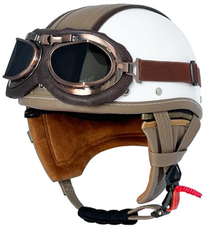 Casco Jet Moto Vintage Omologato ECE Mezzo Pelle Casco Da Motociclista Caschi Cromwell Con Occhiali Portatile Casco A Scodella Per Uomo Donna Scooter Street Cruiser 3,XL:60-61CM