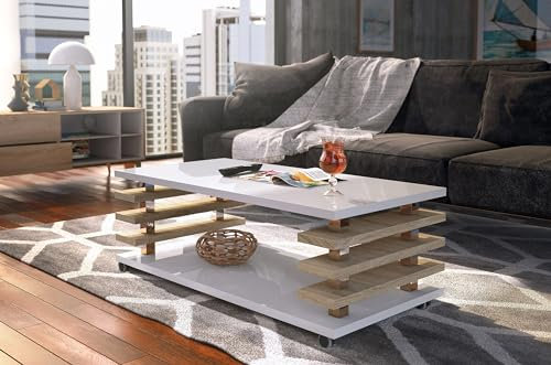 DC-3 Couchtisch Weiß Hochglanz/Sonoma Eiche 120x60cm mit Ablage modern stabil vielseitig Wohnzimmertisch Beistelltisch Sofatisch Zeitloses Design platzsparend robust Wohnzimmer mit Rollen