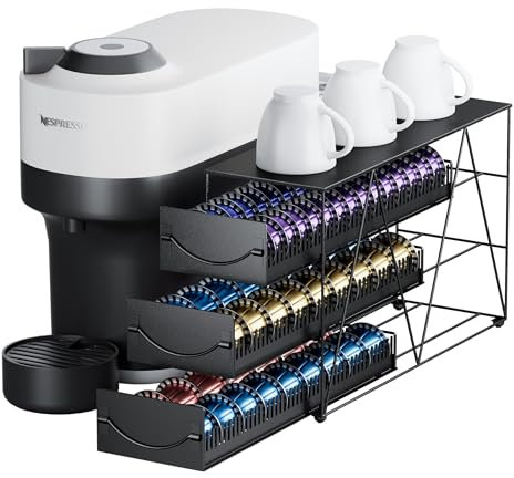HFHOME Cassetto porta cialde caffè per 90 cialde Nespresso Vertuo, organizer per cialde Nespresso a 3 livelli, supporto porta capsule caffè in metallo con cassetti scorrevoli per - bancone cucina
