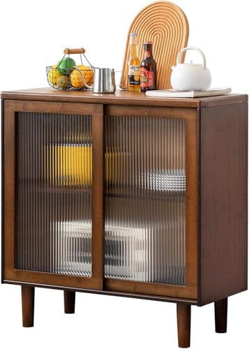 Welnow Bambus Sideboard Buffet Schrank, 80.0 cm Rattan Küche Aufbewahrungsschrank mit Schublade, Boho Coffee Bar Tische für Küche Wohnzimmer Flur Büro, Walnuss