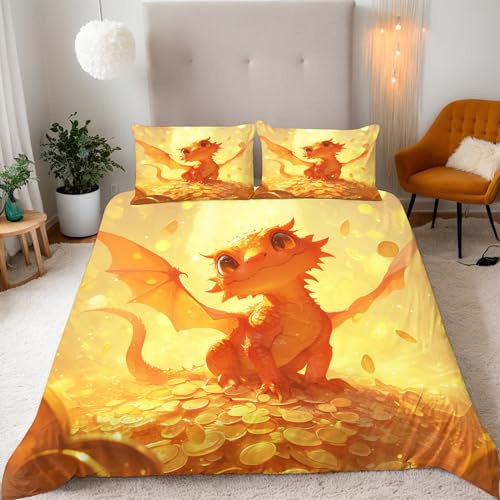 Generisch Goldener Drache Bettwäsche 135x200 Goldener Drache Bettbezug Junge Mädchen 3D Effekt Teenager Bettwäsche-Set Mikrofaser Bettbezug Mit Reißverschluss Und 2 Kissenbezug 80x80 cm