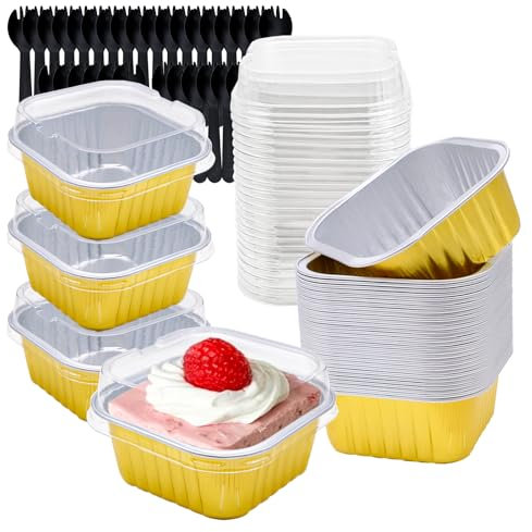 FORYNXHWIN 30Pcs Mini Cake Baking Cups with Lids and Spoons, 150ml Square Reusable Aluminum Foil Baking Cups, Small Loaf Pans Cake Boxes for Bread Dessert Wedding Birthday Picnic Party (Gold)