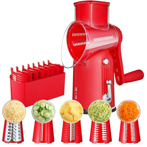 Rallador de Queso Manual con Manivela y Protector, Cortador de Verdura con 5 Cuchillas Intercambiables, Mandolina de Cocina Multifunción para Frutas, Pepino, Zanahoria, Nueces