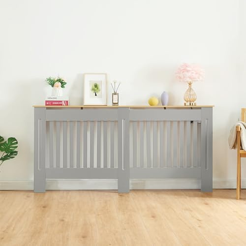 Panana Radiator Cover Cabinet, Modern Painted MDF with Slatted Grill Design (Grey with wood top, XL)