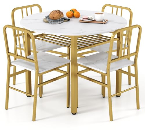 TANGZON 5 Piece Round Dining Table Set for 4, Kitchen Table with Storage Shelf and 4 Slat Back Chairs, Space Saving Dining Set with Metal Frame for Kitchen Dining Room and Small Spaces, White+Golden