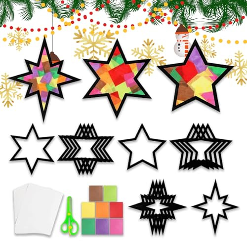 PIujsym Bastelset Weihnachten für Familien & Kinder, Basteln Weihnachten Fensterbilder Sterne DIY Kit, Kreatives Weihnachtsdeko Basteln mit Schablonen & Buntpapier