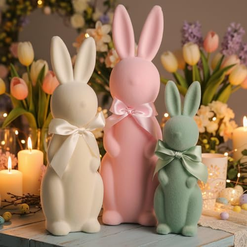 Lanpn 3er-Set Flauschige Osterhasen mit Schleifen, pastellfarbene Hasenfiguren für Tisch, Regal & Wohnraum, Frühlingsdekoration (Rosa, Beige, Grün)