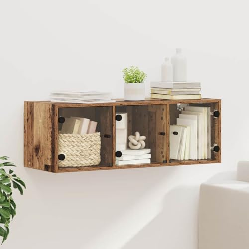 Teenpull Armoire murale en bois recyclé 102 x 37 x 35 cm avec portes en verre, 3 étagères, pour salon, couloir, bureau
