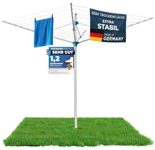 STAHLMANN® Wäschespinne draußen [Made IN Germany ] - Wäschespinne[60 M Leinenlänge] inkl. Bodenhülsen mit Deckel - höhenverstellbareWäschespinne aus hochwertigem Aluminium (60 Meter Leinenlänge)