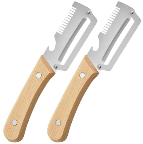 Pelador Verduras Multifuncional, 2 Piezas Pelador Patatas con Mango Madera, Peladors Manzanas Antideslizante con Abridor Botellas, Peladors Verduras Manual Cuchilla Ralladora, para Utensilios Cocina
