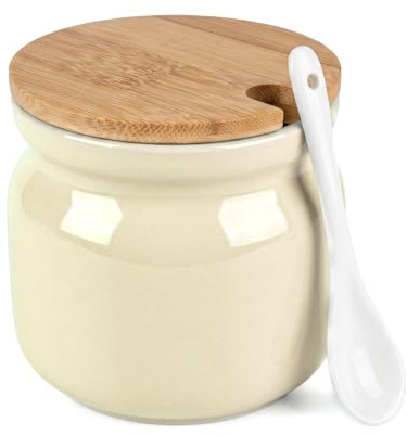 Merzio Ceramic Sugar Bowl, 300ml Seasoning Storage Jar Farmhouse Sugar Pot Salt Container with Lid and Spoon for Coffee Bar and Home Kitchen (White)