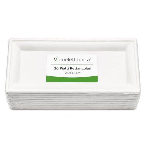 vidoelettronica Platos rectangulares desechables de pulpa de celulosa, 26 x 12 cm, 20 unidades, platos blancos para aperitivos y aperitivos y aperitivos, resistentes para alimentos calientes y fríos