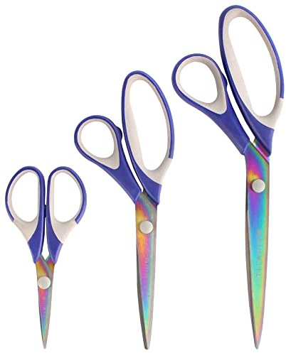 BambooMN Titanium Softgrip Scissors Set for Sewing Arts Crafts Office - Jubilee Yarn - 1 Set of 3 - Blue