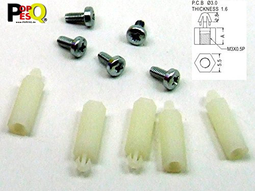 POPESQ® - 5 Pcs. x Standoff PCB 16 mm M3-3mm with Screws White Plastic #A1991