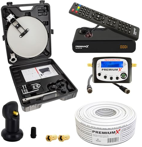 PremiumX Camping Satelliten Anlage Satellitenschüssel HD TV Receiver SAT-Finder Single LNB 10m Kabel F-Stecker kompakt im Koffer
