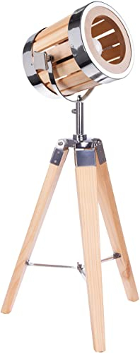 BRUBAKER Stehleuchte Industrial Design Tripod Lampe - 65 cm Höhe - Stativbeine aus Holz - Scheinwerfer aus Holz/Details in Chrom