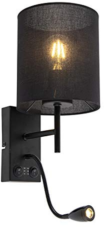 Qazqa Modern Wandleuchte mit Schirm und Lesearm, Wandlampe - Stacca - Schwarz, max. 40W, Geeignet für LED, 2-flammig, 47cm, Ideal als Schlafzimmerlampe