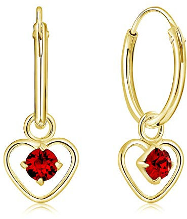 DTPsilver® KLEINE Creolen Ohrringe 925 Sterling Silber Gelb Vergoldet mit 3 mm Swarovski® Elements Kristall - Herzform - Mädchen - Dicke 1.2 mm - Durchmesser 12 mm - Farbe : Light Siam Rot