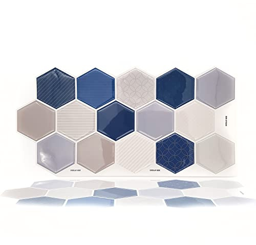 WALPLUS 60 Sheets Honey Hexa Blue and Cream Glossy 3D Hexagonal Tile Stickers 30x15cm Wall Splashbacks Vinyl Stick on Tiles Backsplash Peel and Stick Bathroom Kitchen Decor Tile Paint WT3D3026X5..