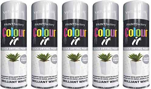 HitlineUK WHITE PAINT SPRAY, BRILLIANT WHITE GLOSS FINISH SPRAY PAINT DECORATIVE WOOD METAL PAINT COLOUR - IT 250ML (5 CANS)