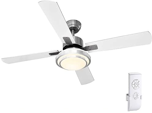 BAKAJI Ventilatore a Soffitto 4 Pale Diametro 130cm In Legno e Metallo Dotato Di Velocità Regolabile Con Lampada Lampadario Plafoniera In Vetro a LED Potenza 20W Accensione Telecomando (Bianco)