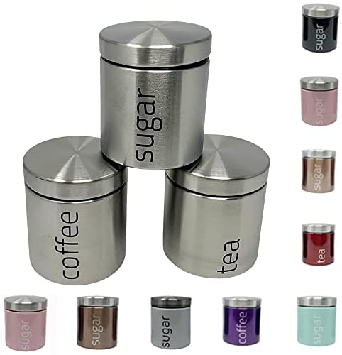 plastific Pack of 3 Contemporary Tea Coffee and Sugar Storage Set Jars Canisters With Satin Stainless Steel Lid, Kitchen Storage Caddy Containers Tins with Rubber Seal (Silver)