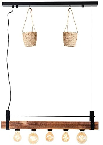 Brilliant Lampe, Bankwood Pendelleuchte 5flg schwarz/holzfarbend, 5x A60, E27, 28W, Holz aus nachhaltiger Waldwirtschaft (FSC)