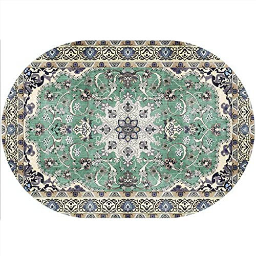 Rururug Teppich Oval Moderner Läufer Orientteppich Kurzflor Flur Schlafzimmer Küche Wohnzimmer rutschfest Waschbar, Grün-Gelb-Vintage-Blumendekor Oval 80 x 150 cm