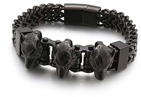 Stfery Schmuck Für Männer, Wolfskopf Herren Armband Kette Schwarz als Geburtstagsgeschenke, 215x12mm