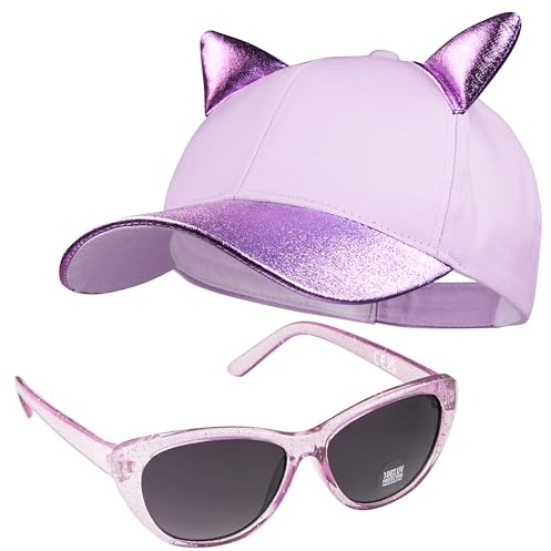 CityComfort Baseball Cap Kinder, 2er Set Snapback Cap mit Ohren und Sonnenbrille Kinder Sonnenschutz - Geschenke für Mädchen (Lila)