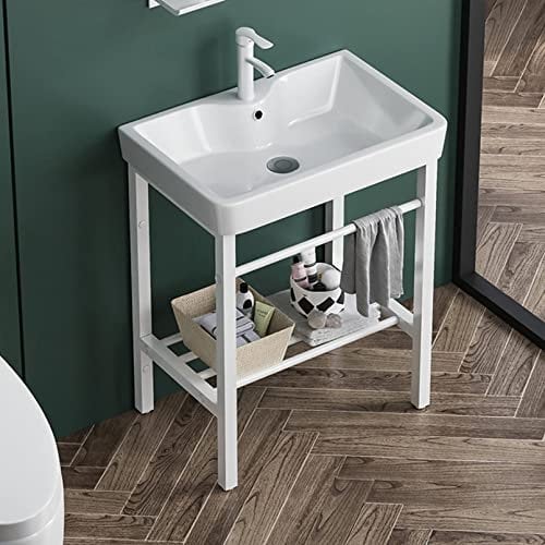 Lavabo de Cerámica,lavadero de Baño Blanco Lavabo de pie con Pedestal Lavamanos Pedestal Mueble de Baño , Fregadero con Soporte de Acero Inoxidable,Grifo,para Lavandería,Patio Garajes,Baños y Aseos (