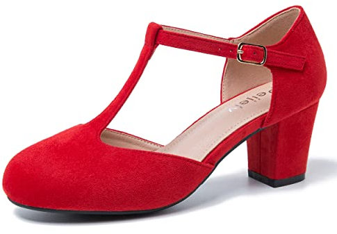 Peijely Mary Jane Damenschuhe mit T-Riemen, klobiger Blockabsatz, Knöchelriemen, Schnalle, Kleid, Wildleder rot, 39 EU