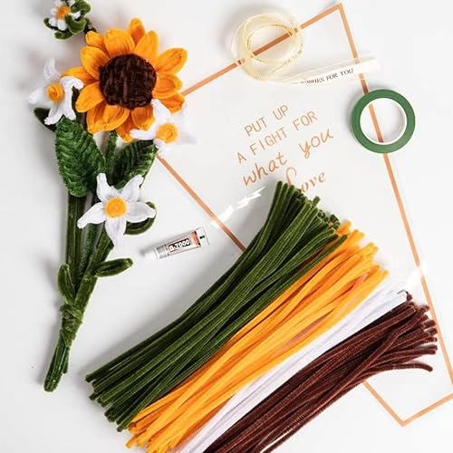 Sonnenblumen Blumenstrauß Pfeifenreiniger Set mit 150 Stück Pfeifenputzer Bunt mit 4 Farben(Braun,Goldgelb,Weiß,Blattgrün),8 Stück Grün Basteldraht,Geschenkpapier,Geschenkband, Klebeband