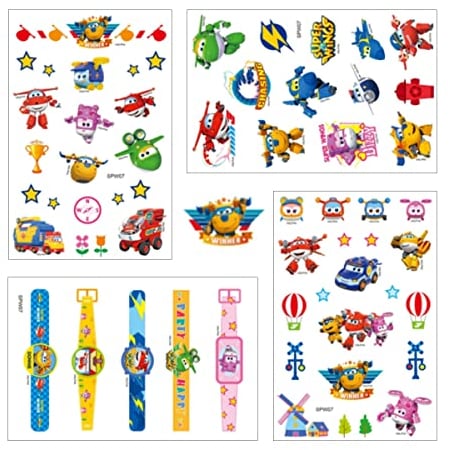 Super Wings Kinder Temporäre Tattoos Super Wings Transforming Jett Tattoo Stickers Set Party Favor Tattoo Aufkleber (4 Blätter)