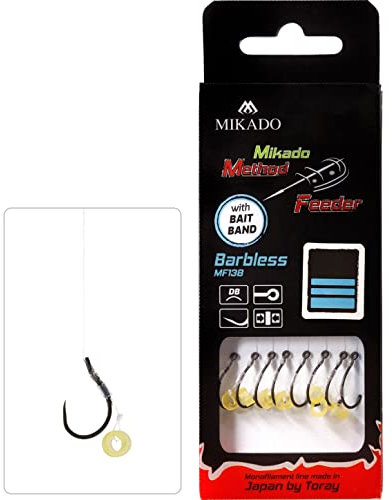 8 x Mikado Method Feeder BARBLESS Haken Rig `s mit Pellet- Bait Band Schonhaken von Größe 4 bis 12 erhältlich (#10/0,20mm)