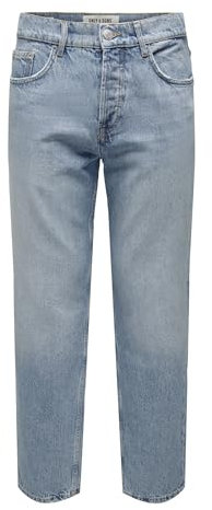 ONLY&SONS Jeans da Uomo vestibilità Regolare Pantaloni in Denim Dritti Vita Media Patta con Bottoni, Colore:Azzurro, Taglia Pantalone:34W / 32L, Lunghezza della Gamba:L32